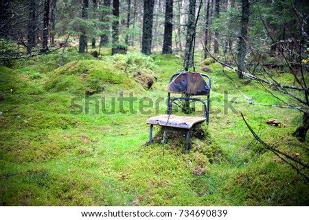 Abandoned, lost forest place with very old and damaged chair for relaxing and green mosh. Autumn spooky empty forest. Loneliness and emptiness concept. Royalty-Free Stock Photo #734690839