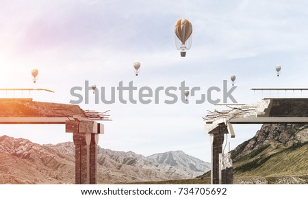 Broken concrete bridge with flying balloons among high mountains and cloudly skyscape on background. 3D rendering.