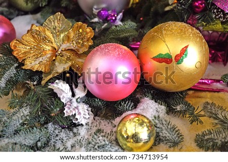 Christmas toys balls flower bouquets New year decorating picture Golden flower