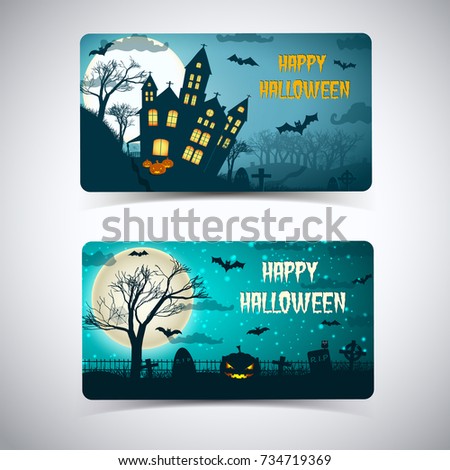 Happy halloween banners with huge moon haunted house cemetery flying bats on night sky isolated vector illustration