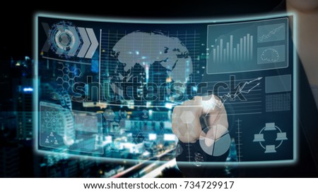 Business hand touching on digital screen with cityscape background