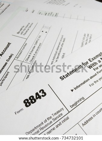 Close Up of USA Tax Form type 8843, Statement for Exempt Individuals and Individuals With a Medical Condition 
