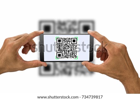 Hands holding smartphone scanning QR code on white background, business concept