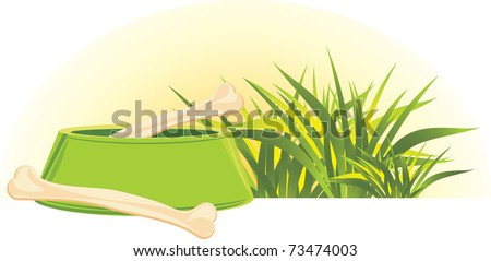 Bones in a green doggy bowl and grass. Vector