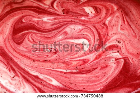 Close up melted strawberry and vanilla ice cream textured background.