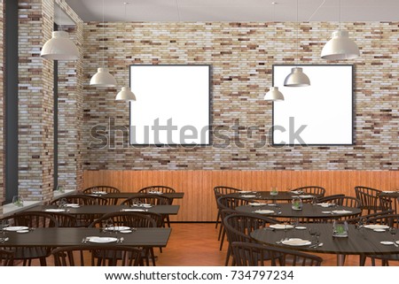 Modern restaurant interior with served tables and two blank square poster mock up. 3d illustration