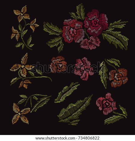 Elegant bouquets with flowers, design elements. Can be used for cards, invitations, fashion ornaments, fabrics, manufacturing, clothing design. Embroidery style decorative flowers. Editable