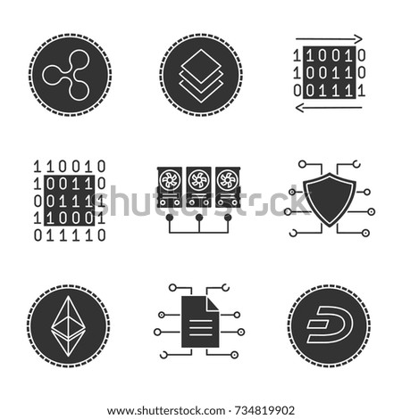 Cryptocurrency glyph icons set. Binary code, mining, digital data, ethereum, cybersecurity, stratis, ethereum and dashcoins. Silhouette symbols. Vector isolated illustration