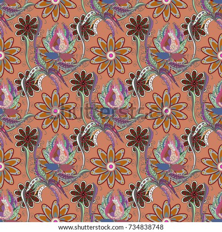Flat Flower Elements Design. Flowers on orange, gray and neutral colors. Floral seamless pattern background, summer flowers. Colour Spring Theme seamless pattern Background.