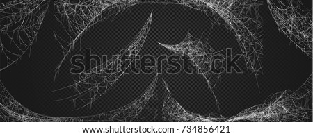 Collection of Cobweb, isolated on black, transparent background. Spiderweb for Halloween design. Spider web elements,spooky, scary, horror halloween decor. Hand drawn silhouette, vector illustration Royalty-Free Stock Photo #734856421