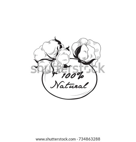 Cotton label. Natural material sign with cotton flower boll. Floral frame