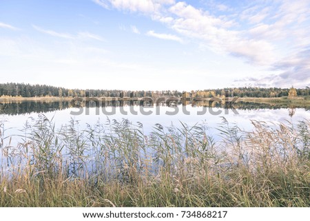 autumn colored trees on the shore of lake with reflections in water with white clouds above. wide angle landscape - vintage film look