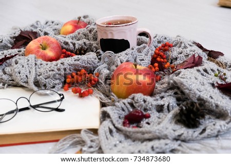 selective focus photo of grey cozy knitted scarf with cup tea and open book old wooden table. red apples, leaves, berries, autumn harvest, cozy background. time for reading books and self-development
