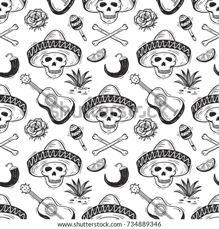 Mexico Vector Seamless Pattern. Dia de los Muertos Day of the Dead. Background with Mexican Holiday Symbols: Mexican Skulls, Guitar, Chile Pepper, Bones, Flower, Tequila Agave