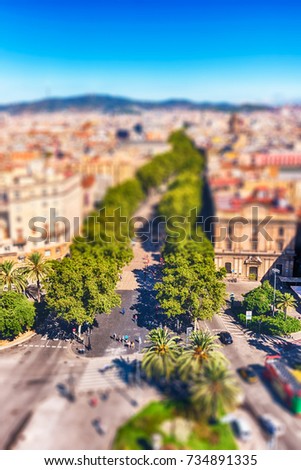 Scenic aerial view of La Rambla, tree-lined pedestrian mall and popular tourist sight in Barcelona, Catalonia, Spain. Tilt-shift effect applied