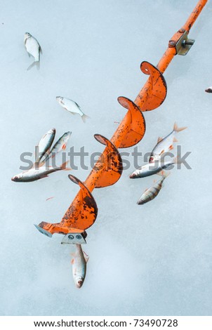 auger and fish on blue ice. winter leisure theme