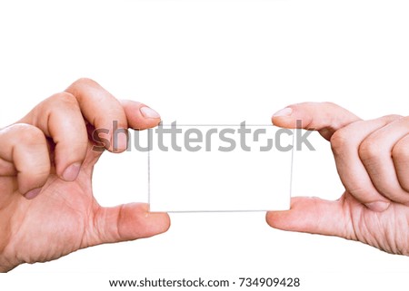 Male Hands holding card. Isolated on a white background. Copy space