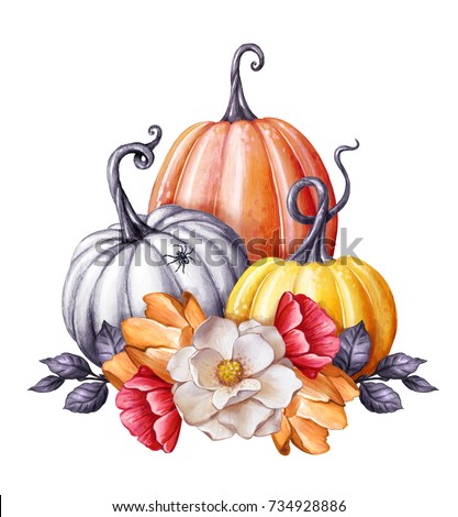 watercolor illustration, floral pumpkins, Halloween clip art, autumn design elements, fall, holiday clip art isolated on white background