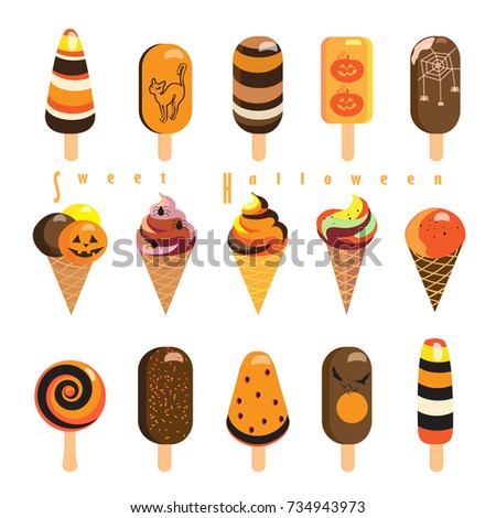 Halloween Ice cream and Lollipops with Popping Candy, Sweet Halloween vector. Sweet holiday candy with pumpkin, spook symbols icons set for Halloween Party decoration advertising Flat clip art Hipster