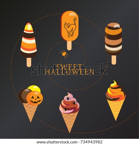 Halloween Ice cream cone icons and Lollipops with Popping Candy, Sweet Halloween vector. Sweet holiday candy pumpkin spook symbols set for Halloween Party decoration advertising. Flat clip art Hipster