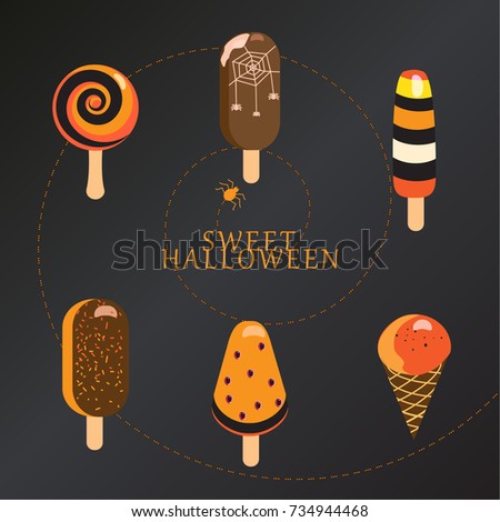 Halloween Ice cream and Lollipops with Popping Candy, Sweet Halloween - text vector. Sweet holiday candy pumpkin, spook symbols set for Halloween Party decoration advertising. Flat clip art Hipster. 
