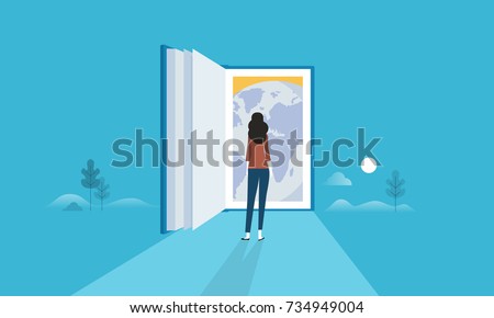Flat design style web banner for education for all, door to the whole world, global knowledge. Vector illustration concept for web design, marketing, and print material.