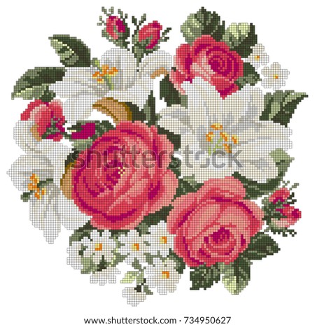 bouquet with roses and lilia in cross stitch style