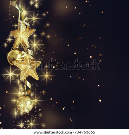 Festive Christmas background with golden Christmas decorations on black background.