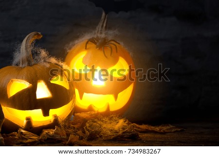 Scary halloween pumpkin in a spooky night. Halloween scene.