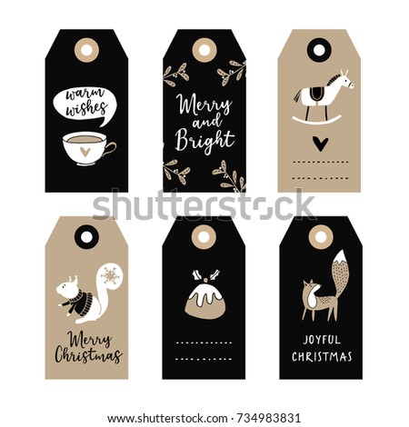 Set of cute Christmas gift tags, labels with squirrel, fox, Christmas pudding and wooden horse. Hand drawn illustrations, flat design. Isolated vector objects.