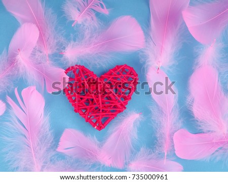 one red heart on a blue background and the background of pink feathers, lightness and romance for Valentine's day