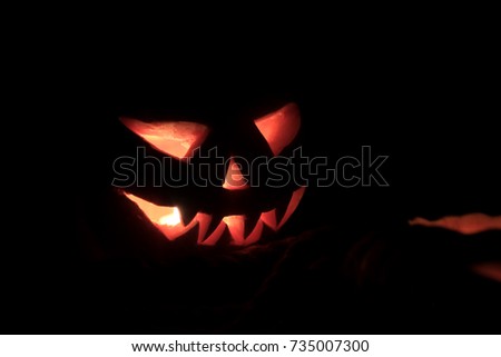 Halloween pumpkin head. Scary evil face spooky holiday. Helloween part. Helloween attributes.