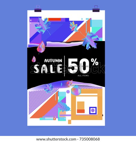Autumn sale memphis style poster. Fashion and travel discount banner. Vector holiday Abstract colorful illustration with special offer and promotion.