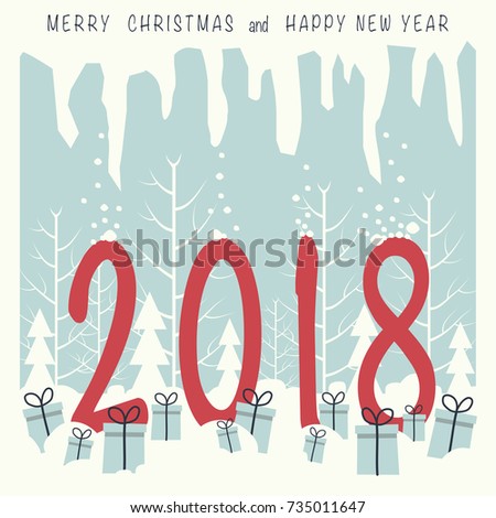 Numbers two, zero ,one ,eight red standing in the snow in a forest . on the snow lie gift boxes with gifts. In the top of the image and the icicles and phrase merry Christmas and a happy New year.