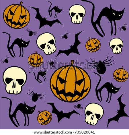 Halloween seamless pattern with pumpkins, black cats, bats, skull and spider on violet background 