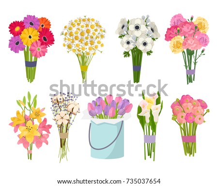 Flowers brunch bouquet set collection flat floral vector garden vector illustration. Royalty-Free Stock Photo #735037654