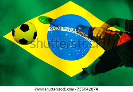 The football player in moments action  in Brazil flag. Mixed media for sports background.
The Roman letter is capitalized in green "Ordem e Progresso"  the meaning is  Regulation and  progress .