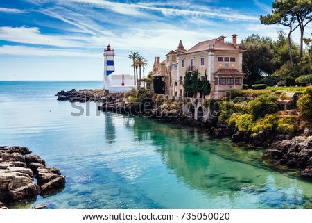 Santa Marta Lighthouse and Museum in Cascais, Lisbon district, Portugal Royalty-Free Stock Photo #735050020