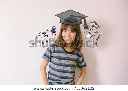 Education and graduation Concept. Young asian woman college student holding her books smiling happily with education and learning illustration doodles background