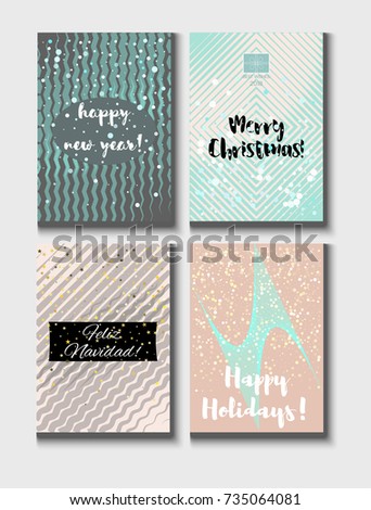 Christmas Card Vector Set with Lettering. Elegant Happy New Year and Happy Holidays Text on a Festive Background in Faded Blue, Pink, Grey and Snowfall. Tender Christmas Card Set. Noble Tender Colors.