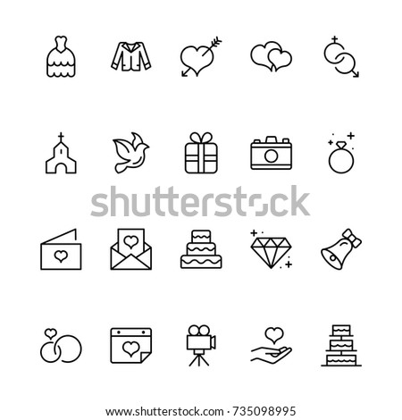 Wedding icon set. Collection of high quality outline wedding invitation pictograms in modern flat style. Bride and groom black symbol for web design and mobile app on white background. Cake line logo.