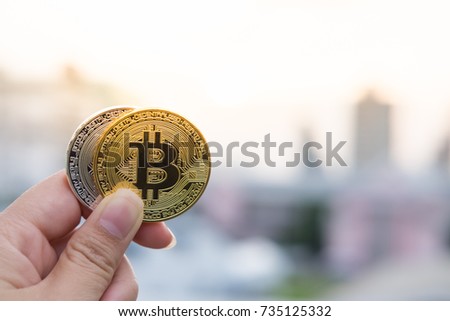 Golden bitcoin with reflex on background. Bit coin cryptocurrency banking money transfer business technology