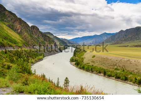 View of Katun river and mountains along Chuysky Trakt. Altai Republic, Siberia. Russia