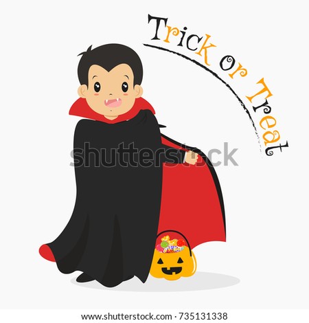 cute boy in Dracula costume holding up his cape. Halloween cartoon vector 