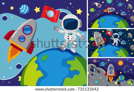 Three scenes with astronauts in space illustration