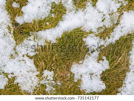 Horizontal picture with meting cold white snow and exposing green grass. Between winter and spring concept background