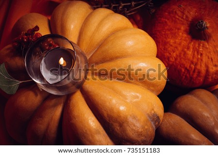 autumn holiday, a large pumpkin, candles, dry grass, Halloween, a mesmerizing picture