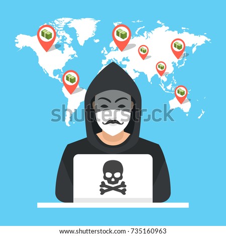 Hacker sitting at the desktop and hacking secret data on the laptop. World map and points on background. Vector illustration.
