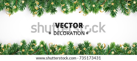 Winter holiday background. Border with Christmas tree branches and ornaments isolated on white. Fir needles garland, frame with streamers. Great for New year cards, banners, headers, party posters. Royalty-Free Stock Photo #735173431