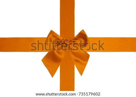 Single gift bow, orange satin, with cross ribbons on white background